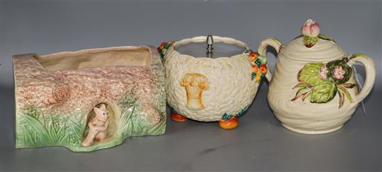 2 Clarice Cliff lidded bowls and a silver elf vase